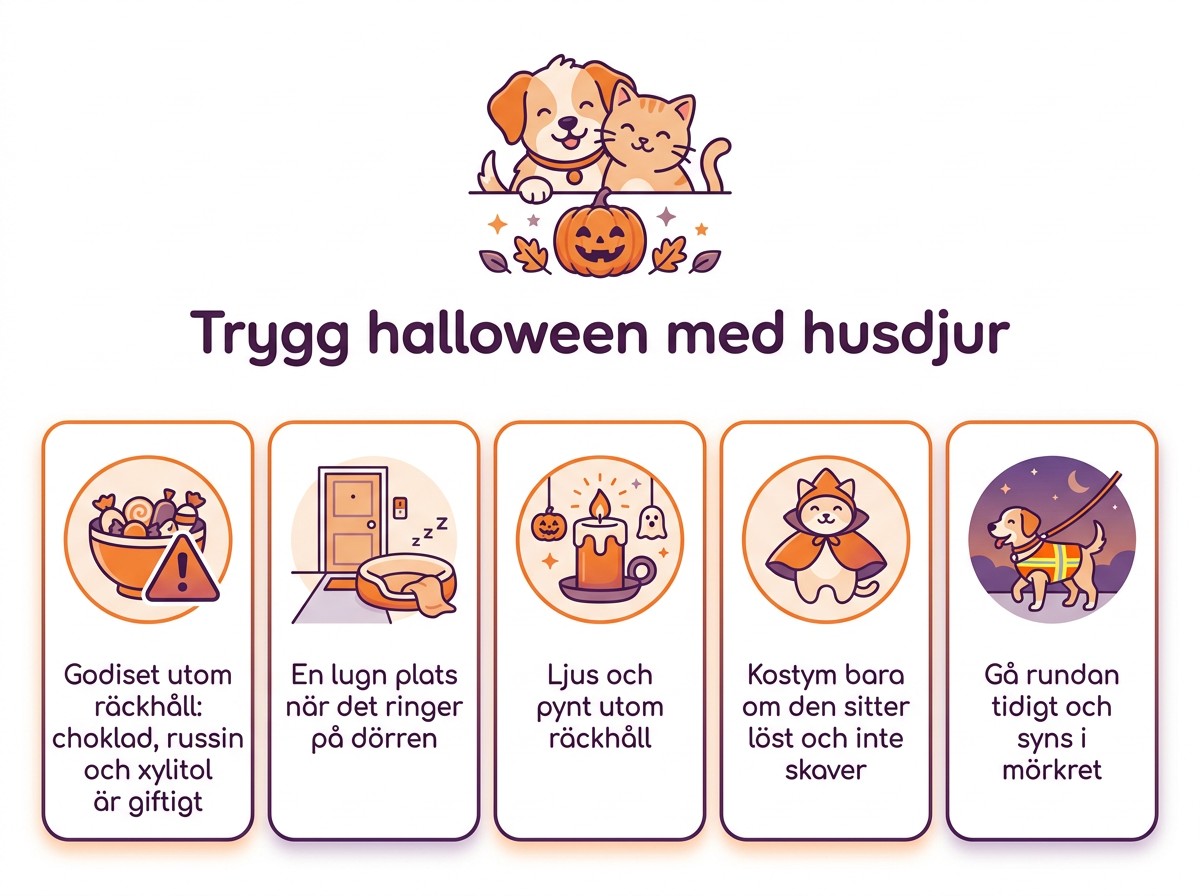 Trygg halloween med husdjur: godiset utom räckhåll, en lugn plats när det ringer på, ljus och pynt utom räckhåll, kostym bara om den sitter löst, gå rundan tidigt och syns i mörkret