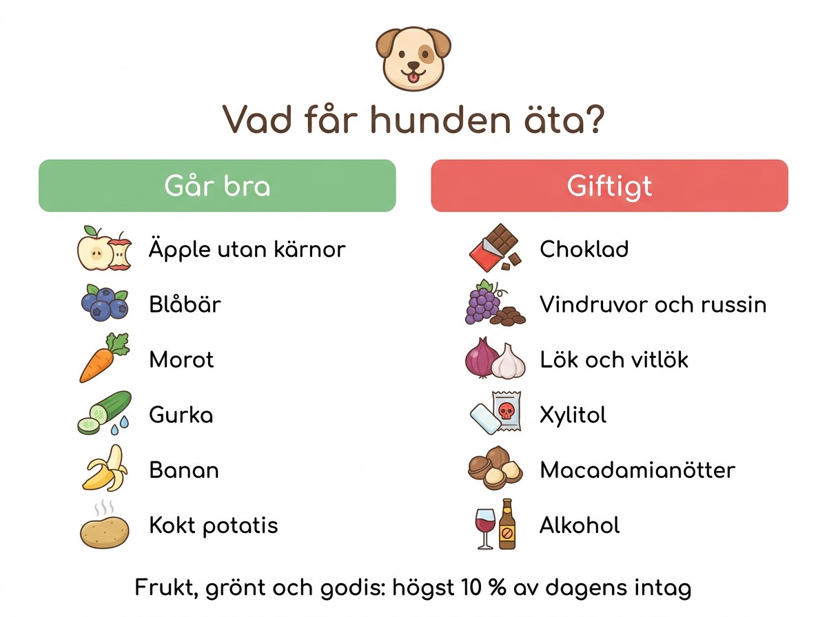 Vad får hunden äta: äpple utan kärnor, blåbär, morot, gurka, banan och kokt potatis går bra; choklad, vindruvor och russin, lök och vitlök, xylitol, macadamianötter och alkohol är giftigt