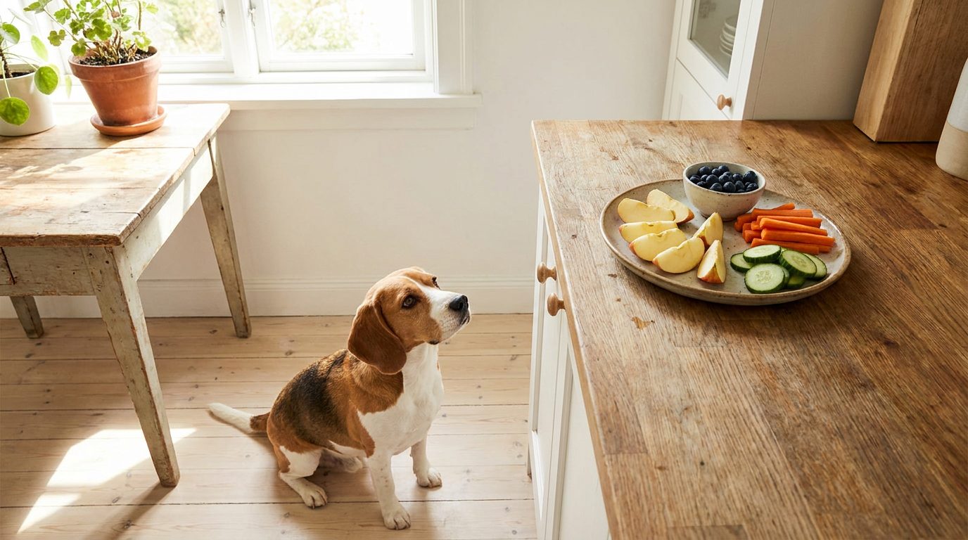 Beagle tittar upp mot ett fat med äpple, blåbär, morot och gurka på köksbänken