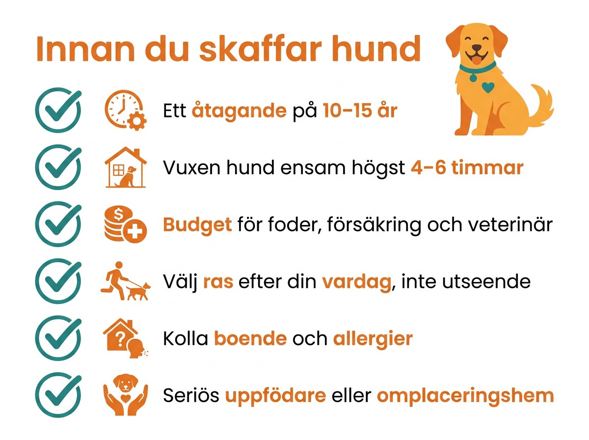Checklista innan du skaffar hund: ett åtagande på 10–15 år, vuxen hund ensam högst 4–6 timmar, budget, ras efter vardag, boende och allergier, seriös uppfödare