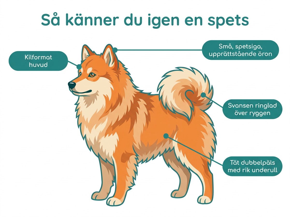 Så känner du igen en spets: kilformat huvud, små spetsiga upprättstående öron, svansen ringlad över ryggen, tät dubbelpäls med rik underull