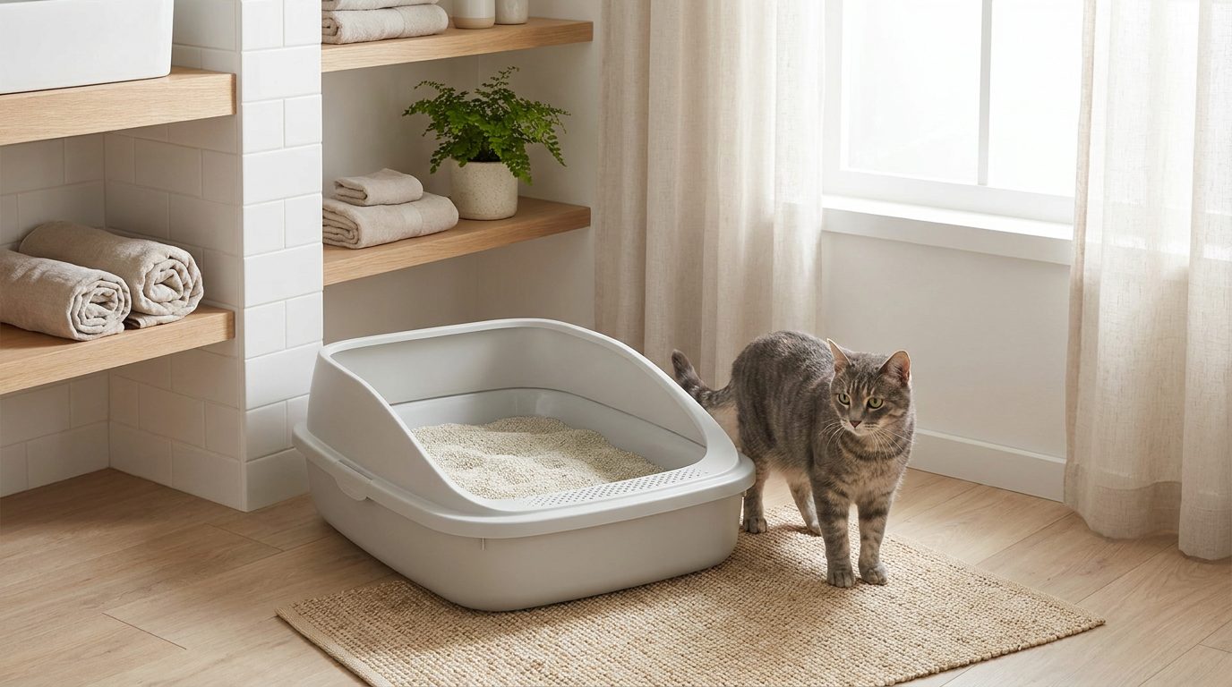 Tabbykatt bredvid en stor öppen kattlåda med finkornig sand på en matta