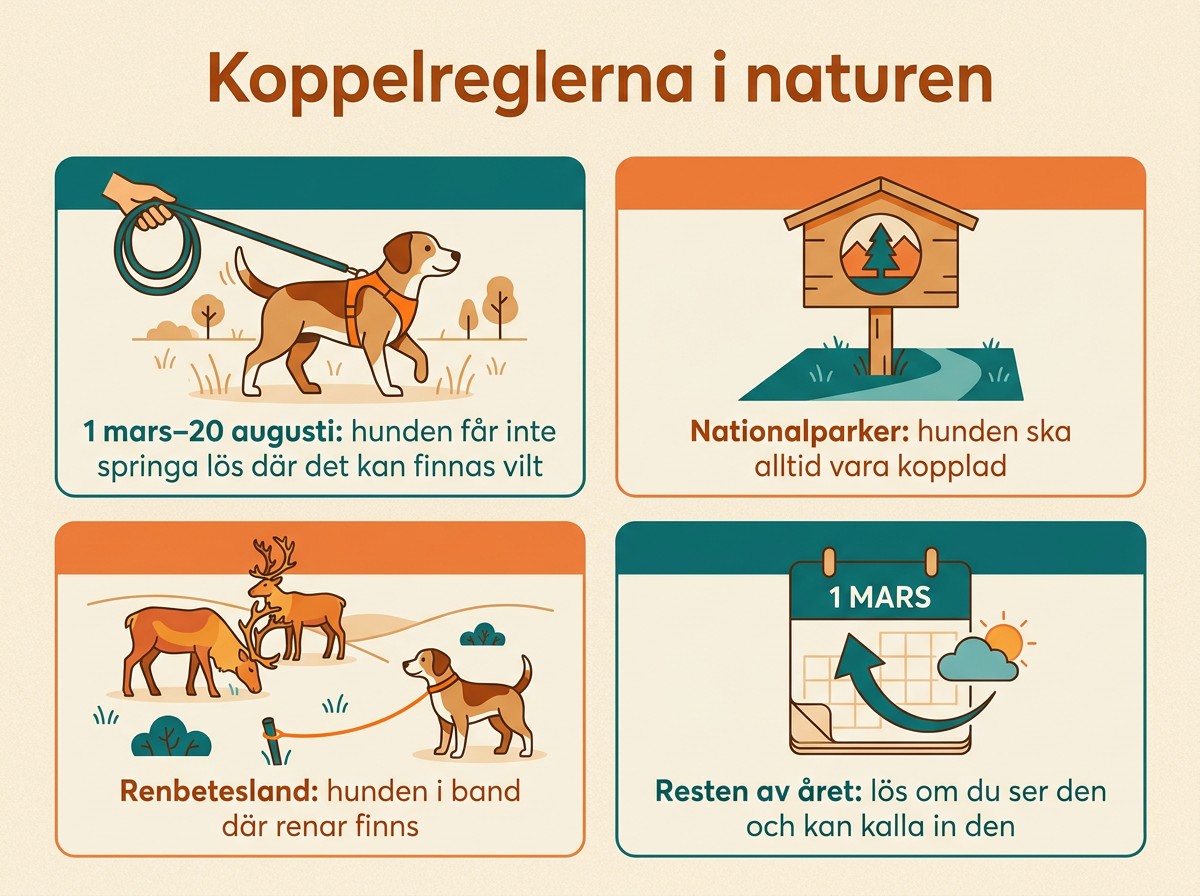 Koppelreglerna i naturen: 1 mars till 20 augusti får hunden inte springa lös där det kan finnas vilt, i nationalparker ska hunden alltid vara kopplad, i renbetesland ska hunden hållas i band där renar finns, resten av året får hunden vara lös om du ser den och kan kalla in den