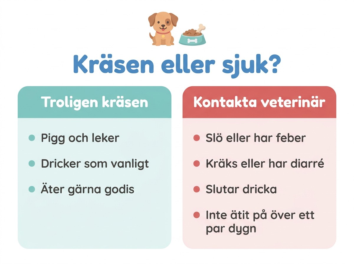 Kräsen eller sjuk: pigg hund som dricker och äter godis är troligen kräsen; slö, feber, kräkningar, diarré, slutar dricka eller inte ätit på ett par dygn betyder veterinär