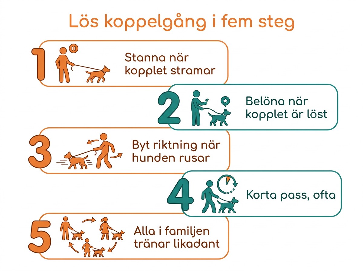 Lös koppelgång i fem steg: stanna när kopplet stramar, belöna när kopplet är löst, byt riktning, korta pass ofta, alla i familjen tränar likadant