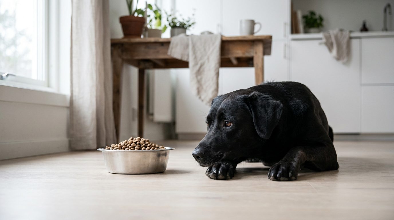 Svart hund ligger på köksgolvet och tittar bort från en full skål torrfoder