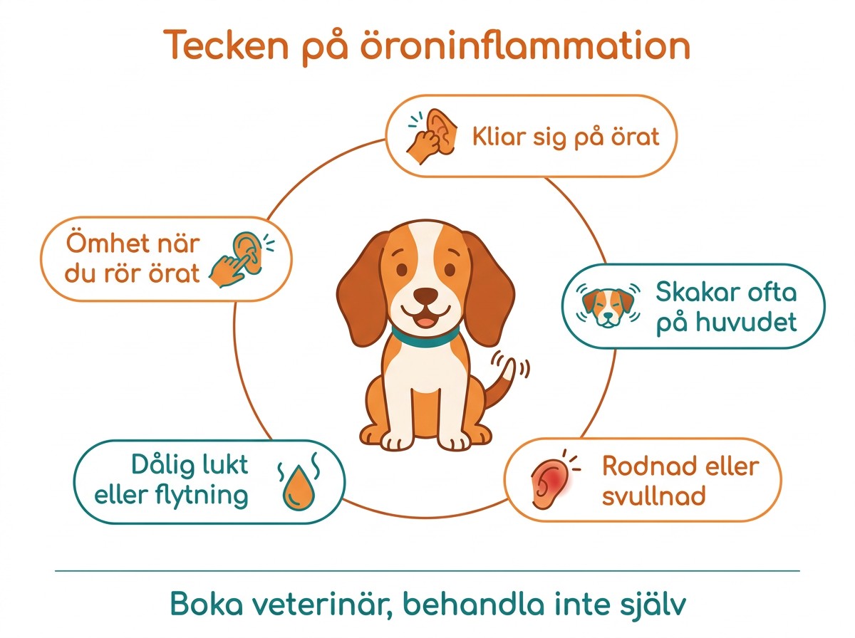 Tecken på öroninflammation hos hund: kliar sig på örat, skakar på huvudet, rodnad eller svullnad, dålig lukt eller flytning, ömhet