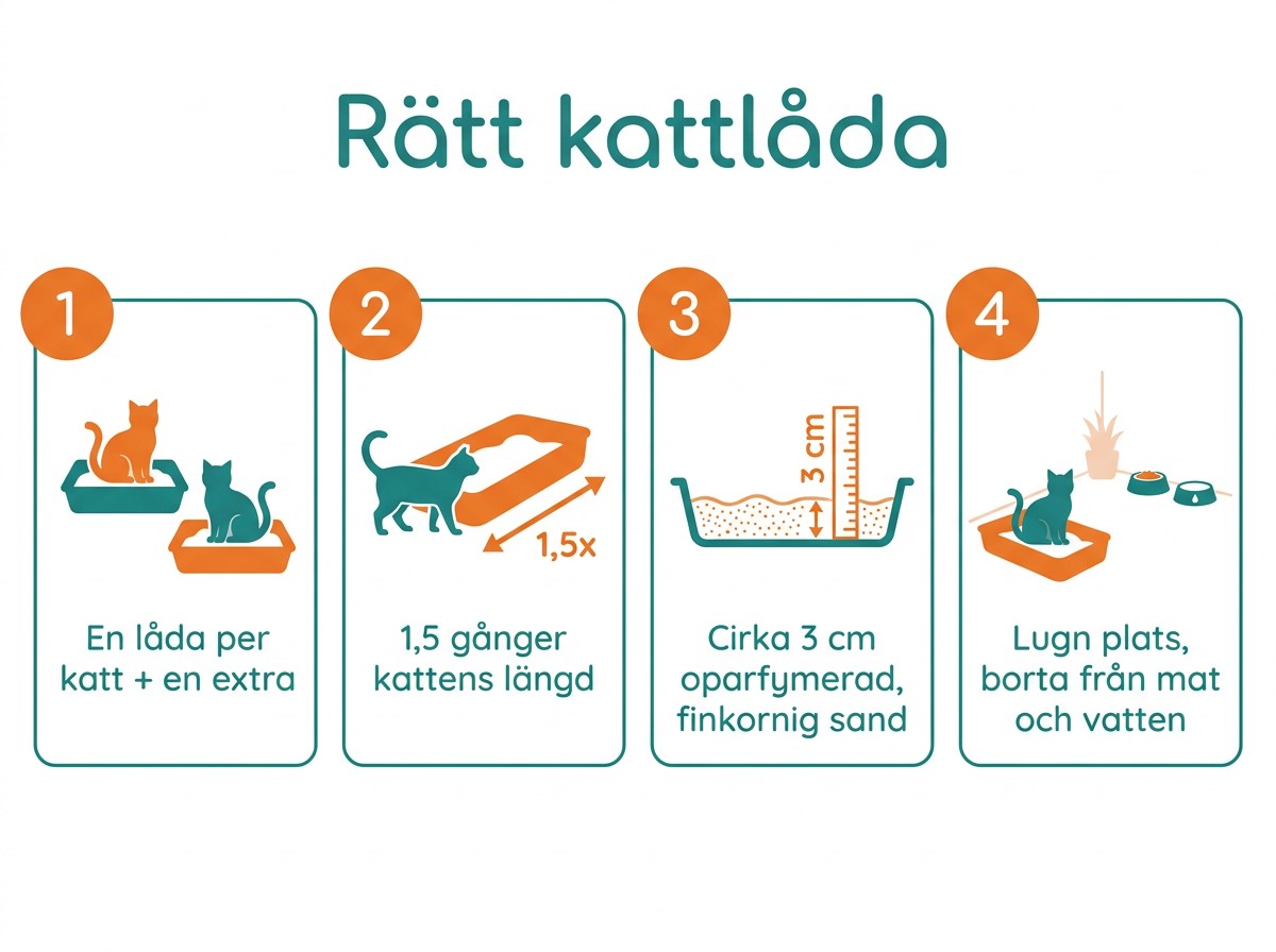 Rätt kattlåda: en låda per katt plus en, 1,5 gånger kattens längd, cirka 3 cm oparfymerad finkornig sand, lugn plats borta från mat och vatten