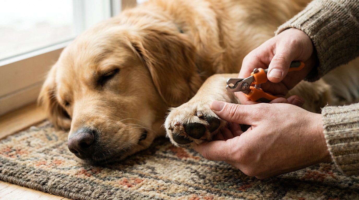 Ägare klipper klorna på en avslappnad golden retriever med klotång