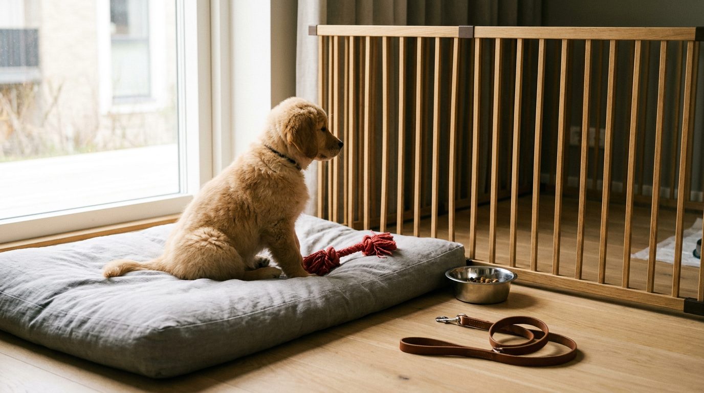 Golden retriever-valp på en grå hundbädd bredvid valpgrind, matskål och koppel