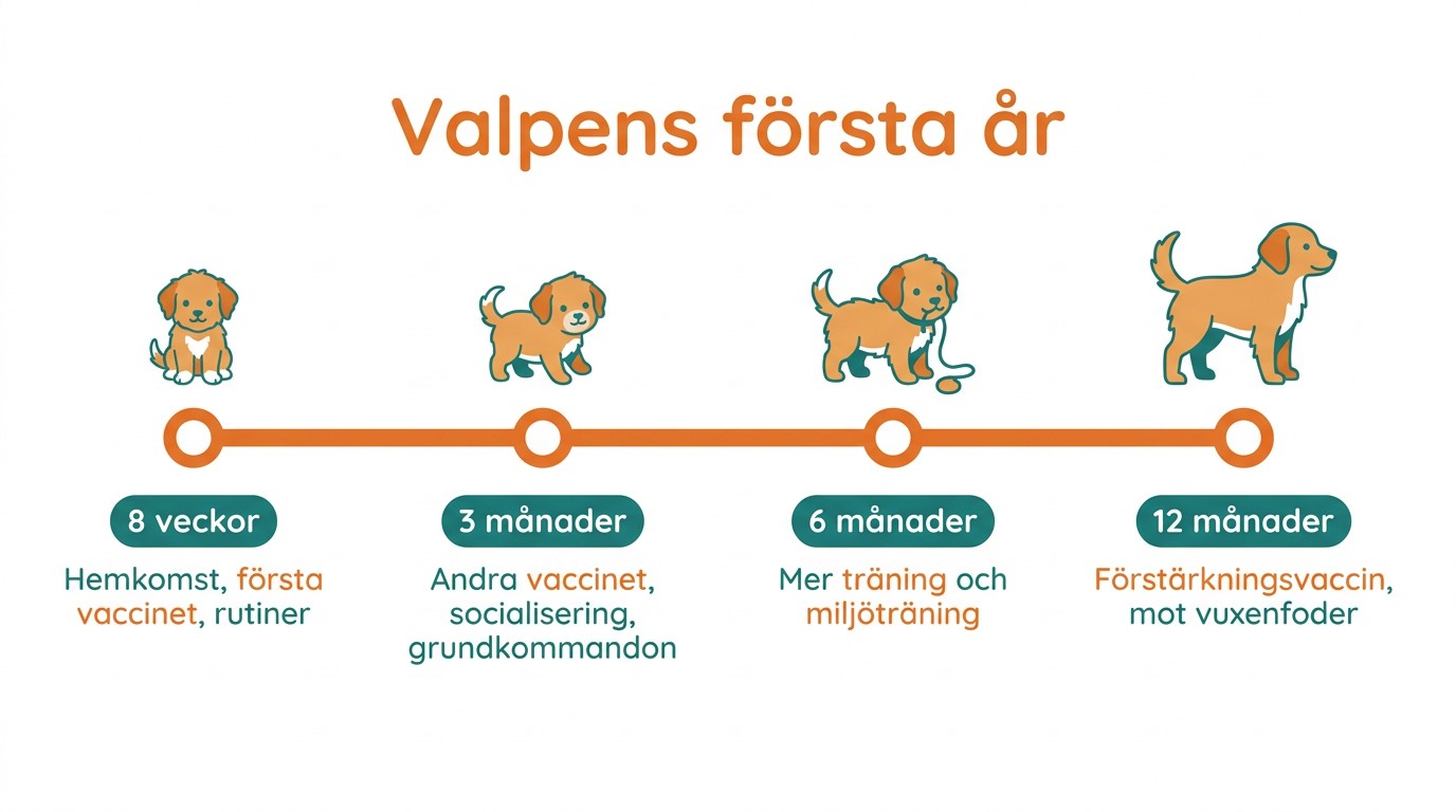 Tidslinje över valpens första år: 8 veckor, 3 månader, 6 månader och 12 månader