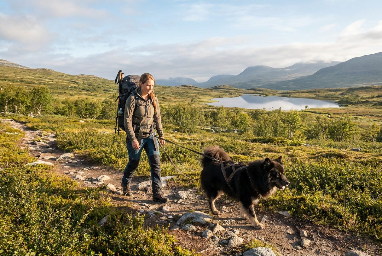 Vandrare och svart lapphund i sele och koppel på en stenig stig över fjällheden med en sjö och fjäll i bakgrunden