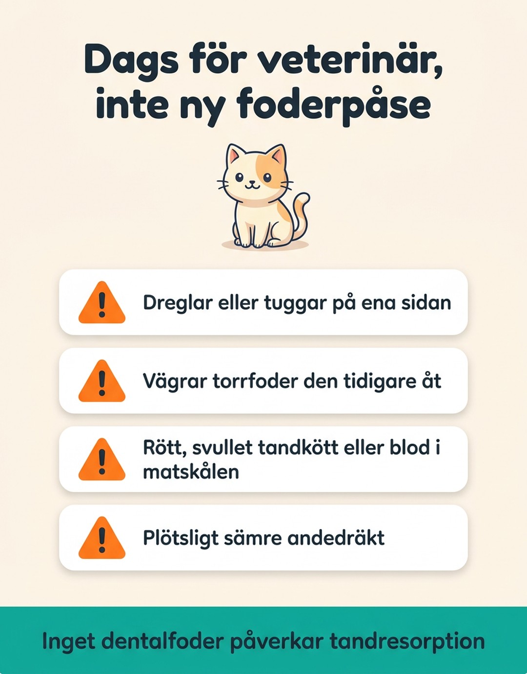 Dags för veterinär, inte ny foderpåse. Katten dreglar eller tuggar på ena sidan. Vägrar torrfoder den tidigare åt. Rött, svullet tandkött eller blod i matskålen. Plötsligt sämre andedräkt. Inget dentalfoder påverkar tandresorption.