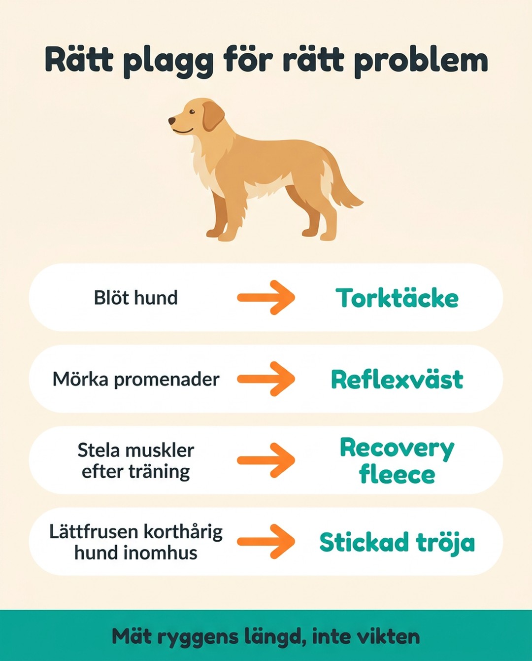 Rätt plagg för rätt problem. Blöt hund: torktäcke. Mörka promenader: reflexväst. Stela muskler efter träning: recovery fleece. Lättfrusen korthårig hund inomhus: stickad tröja. Mät ryggens längd, inte vikten.