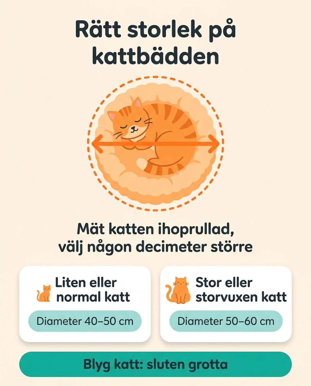 Rätt storlek på kattbädden. Mät katten ihoprullad, välj någon decimeter större. Liten eller normal katt: diameter 40–50 cm. Stor eller storvuxen katt: diameter 50–60 cm. Blyg katt: sluten grotta.