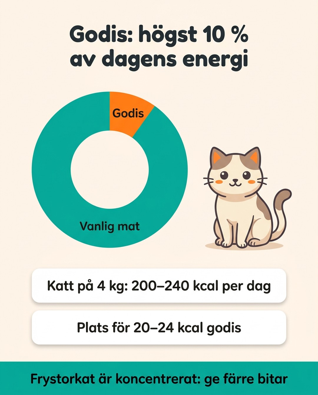 Godis: högst 10 % av dagens energi. Cirkeldiagram med godis och vanlig mat. Katt på 4 kg: 200–240 kcal per dag. Plats för 20–24 kcal godis. Frystorkat är koncentrerat: ge färre bitar.