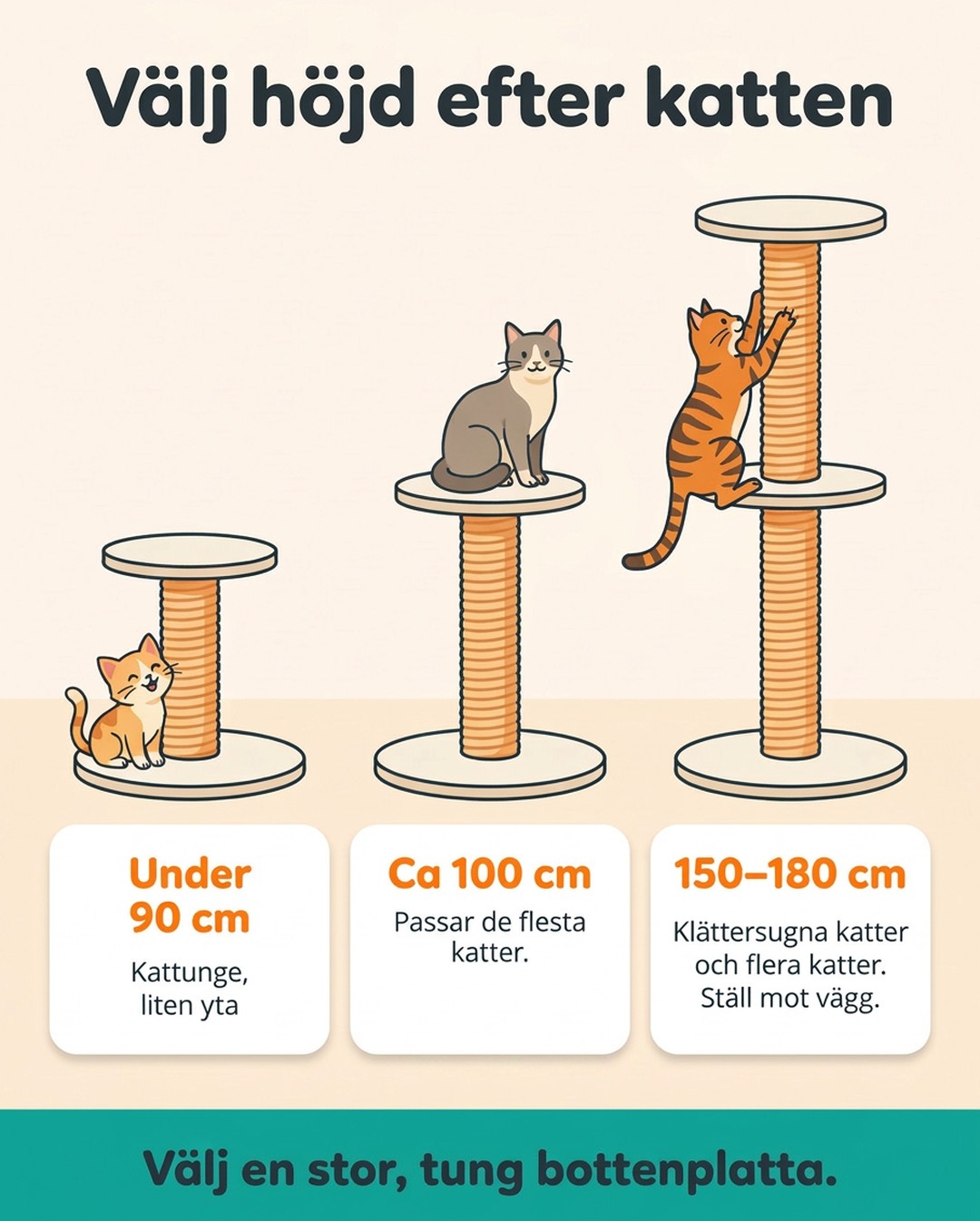 Välj höjd efter katten. Under 90 cm: kattunge, liten yta. Ca 100 cm: passar de flesta katter. 150–180 cm: klättersugna katter och flera katter, ställ mot vägg. Välj en stor, tung bottenplatta.