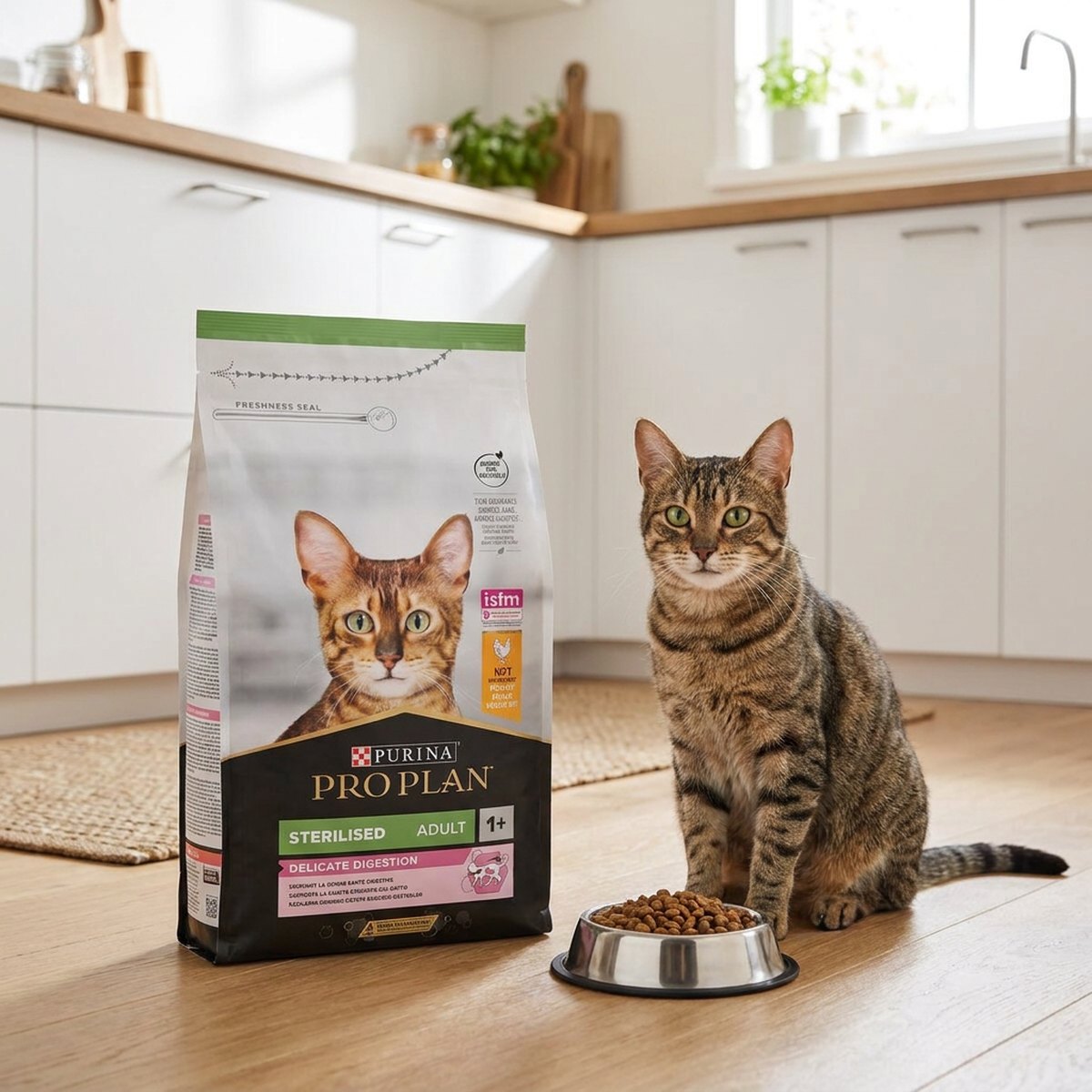 Purina Pro Plan Sterilised Delicate Digestion påse på köksgolv med en tabbyskattning vid en matskål