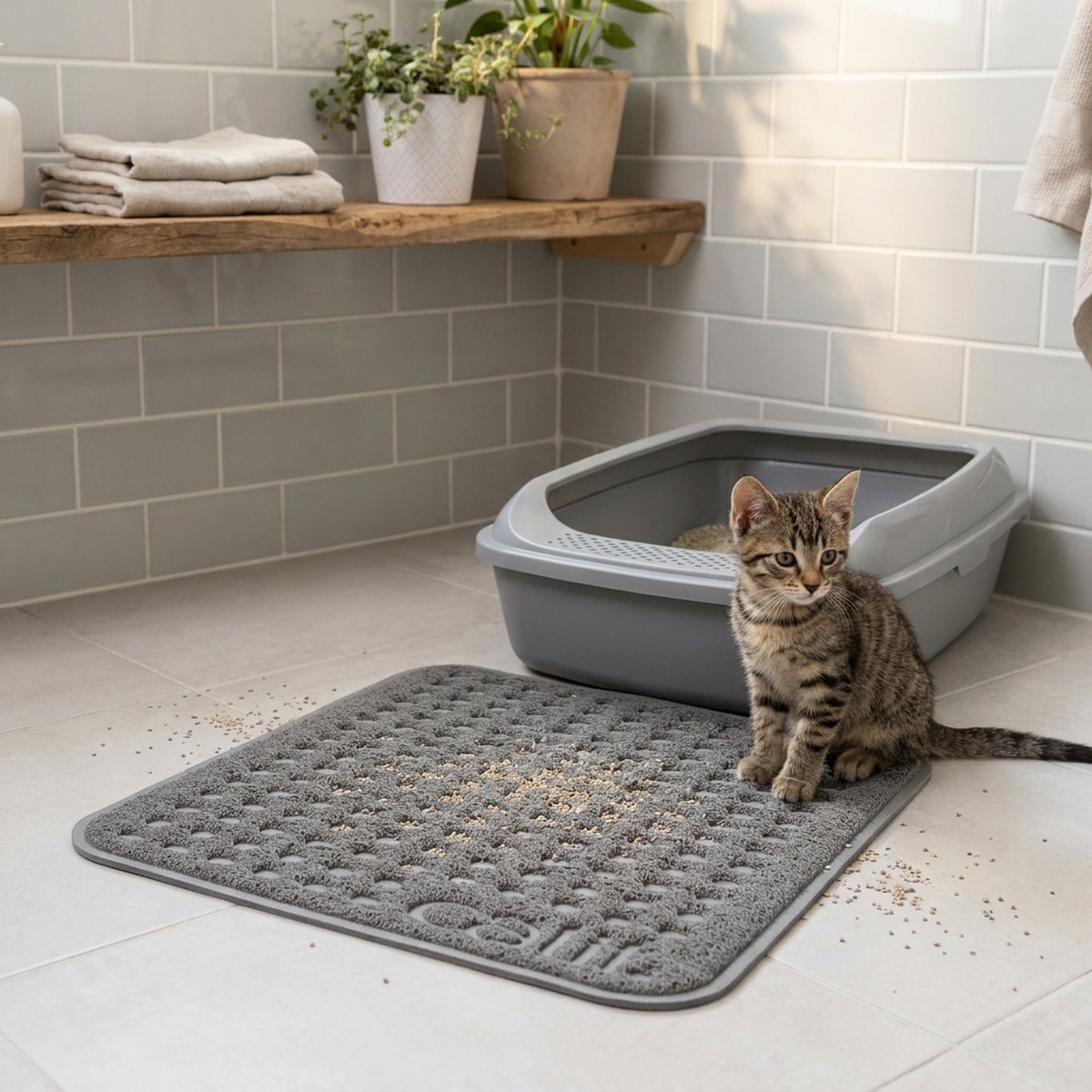 Liten tabby-kattunge som sitter intill en grå mjuk skummatta med cirkulärt mönster framför en öppen kattlåda i ett nordiskt badrum