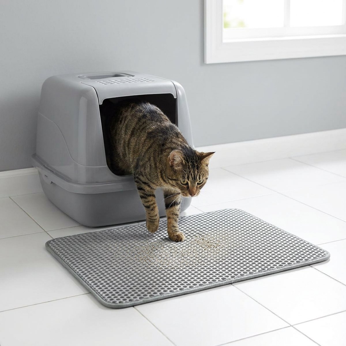 Tabby-katt som lämnar en grå kattlåda och kliver på en ljusgrå perforerad EVA-matta med honeycomb-hål på vitt kakelgolv