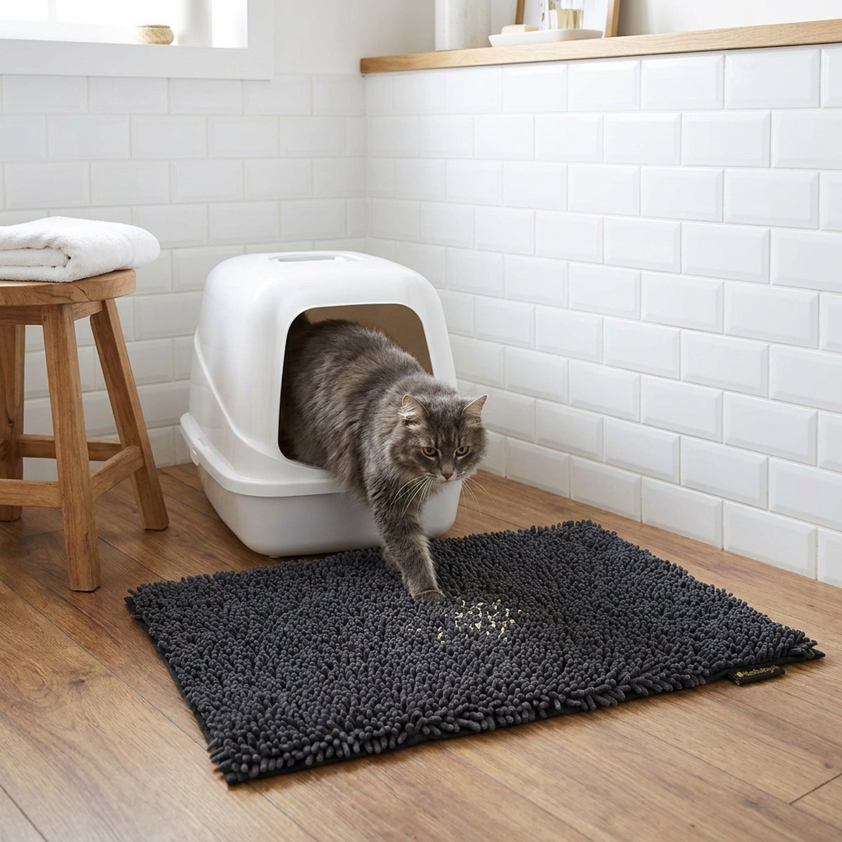 Långhårig katt som kliver av kattlådan och stiger på en mörkgrå mjuk noodle-matta av mikrofiber i ett skandinaviskt badrum