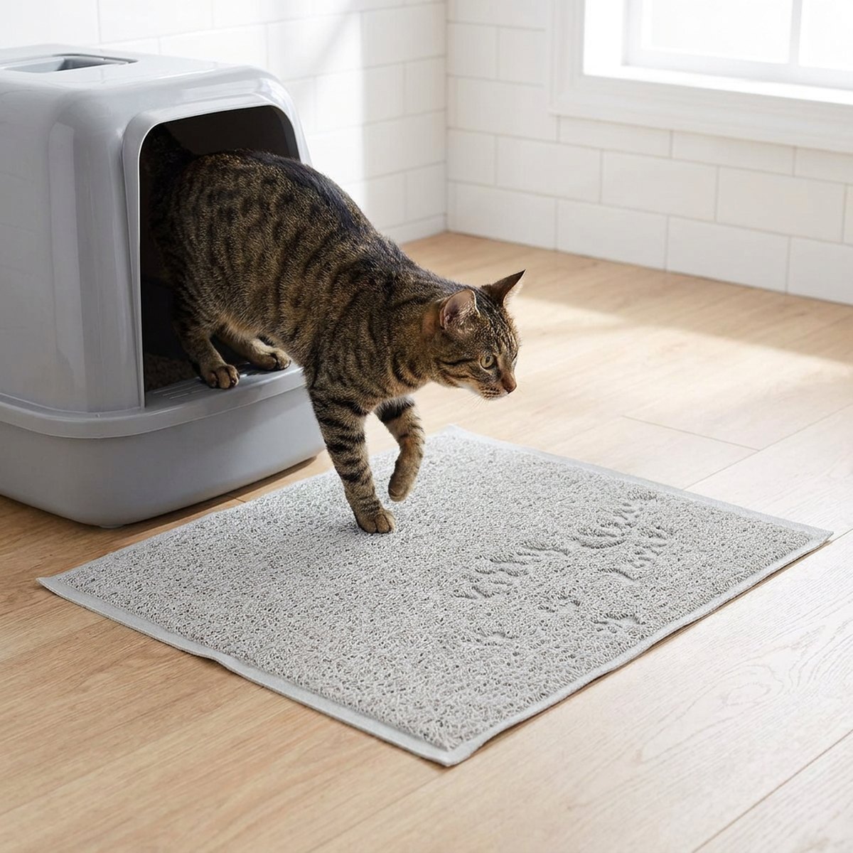 Tabby-katt som kliver av en grå kattlåda och steg på en ljusgrå PVC-matta med trasslig nätstruktur på ett skandinaviskt trägolv