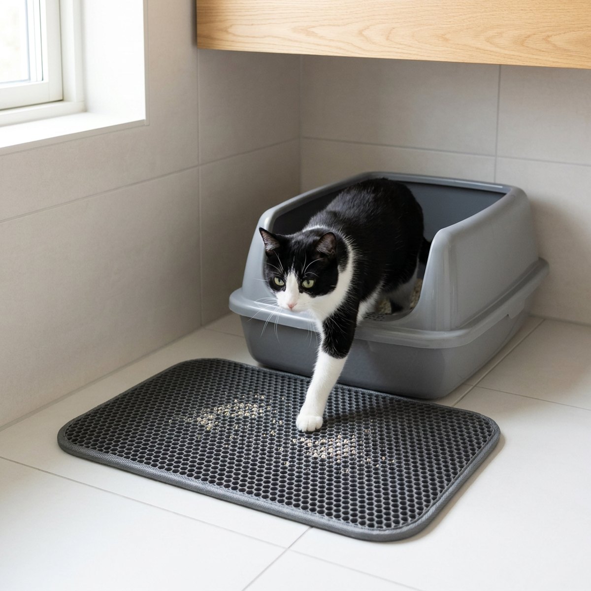 Svartvit katt som kliver ut ur en kattlåda och stiger på en mörkgrå tvålagrig honeycomb-matta på ett nordiskt kakelgolv