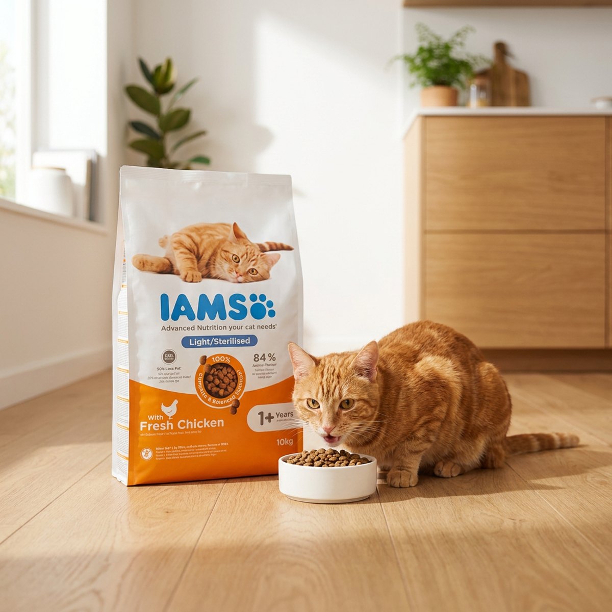 Iams Adult Sterilised påse på köksgolv med en röd tabbyskatt som äter ur en vit skål