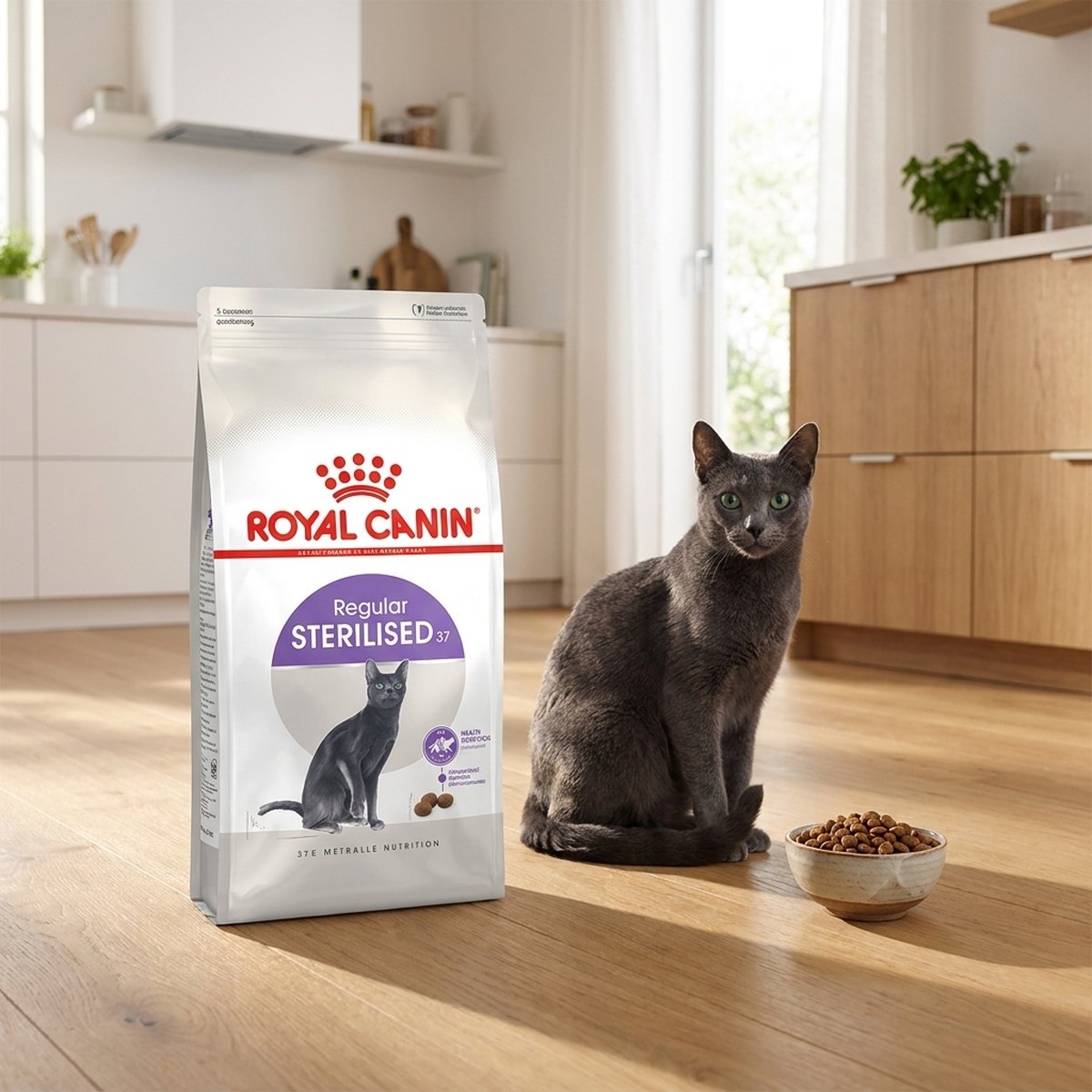Royal Canin Sterilised 37 påse på trägolv med en grå katt och en skål torrfoder i ett nordiskt kök