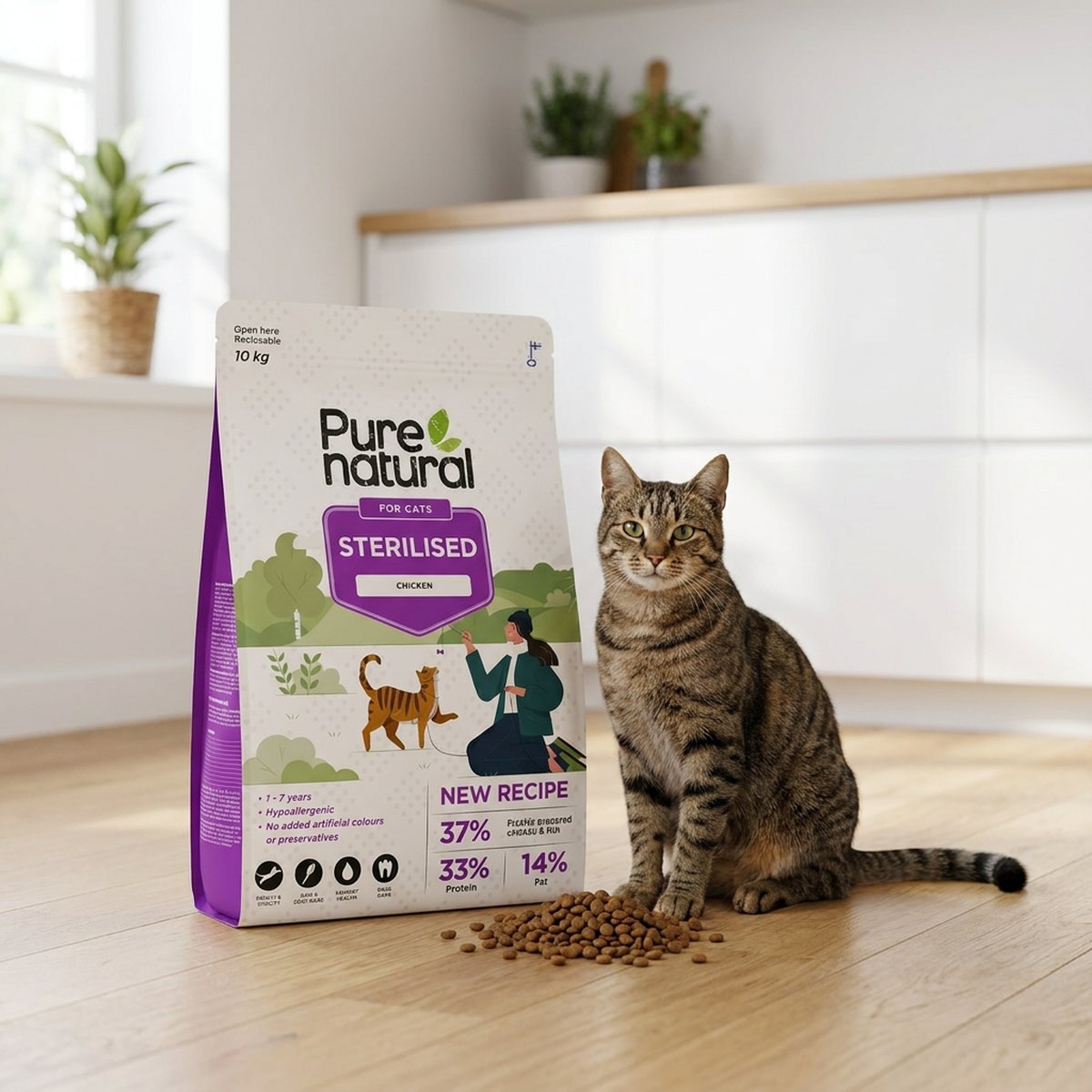 Purenatural Sterilised Chicken påse på köksgolv med en katt sittande bredvid torrfoder