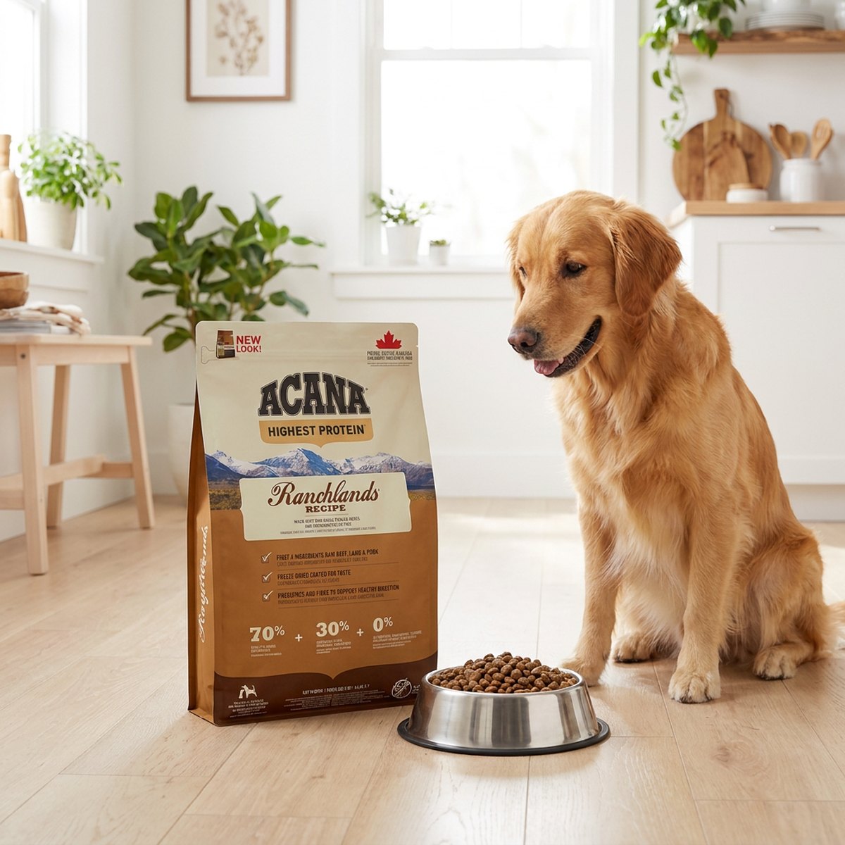 Stå-påse med Acana Ranchlands hundmat på ett ljust köksgolv, bredvid en golden retriever som sitter vid en matskål med torrfoder.