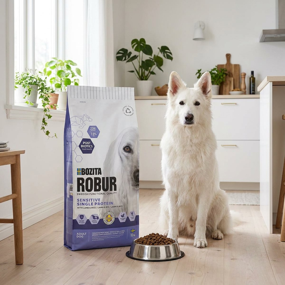 Hög vit-lila påse med Bozita Robur Single Lamb på ett ljust köksgolv, bredvid en vit hund som sitter vid en matskål med torrfoder.