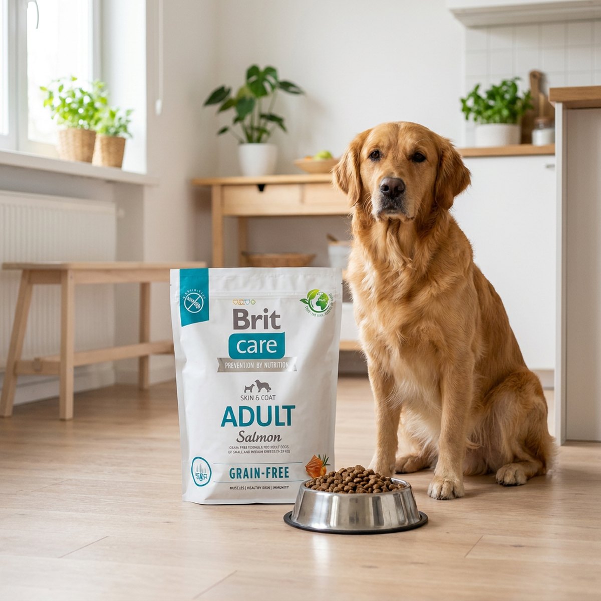 Vit stå-påse med Brit Care Grain Free Salmon på ett ljust köksgolv, bredvid en glansig golden retriever vid en matskål med torrfoder.