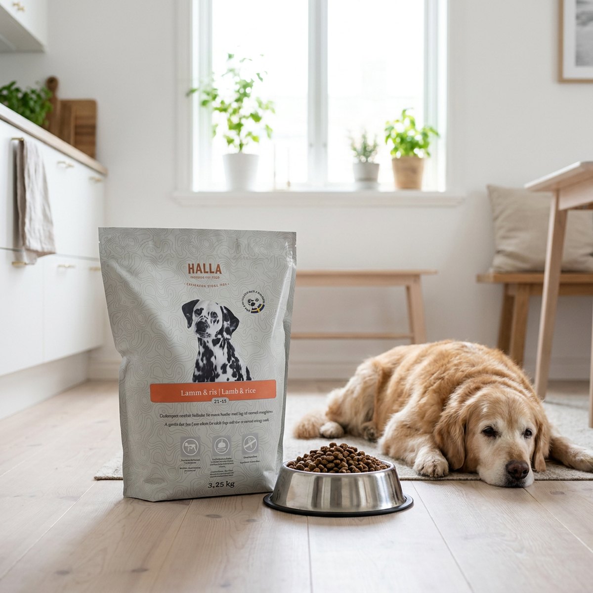 Silvergrå stå-påse med Halla Lamm & Ris på ett ljust köksgolv, bredvid en vilande äldre golden retriever vid en matskål med torrfoder.