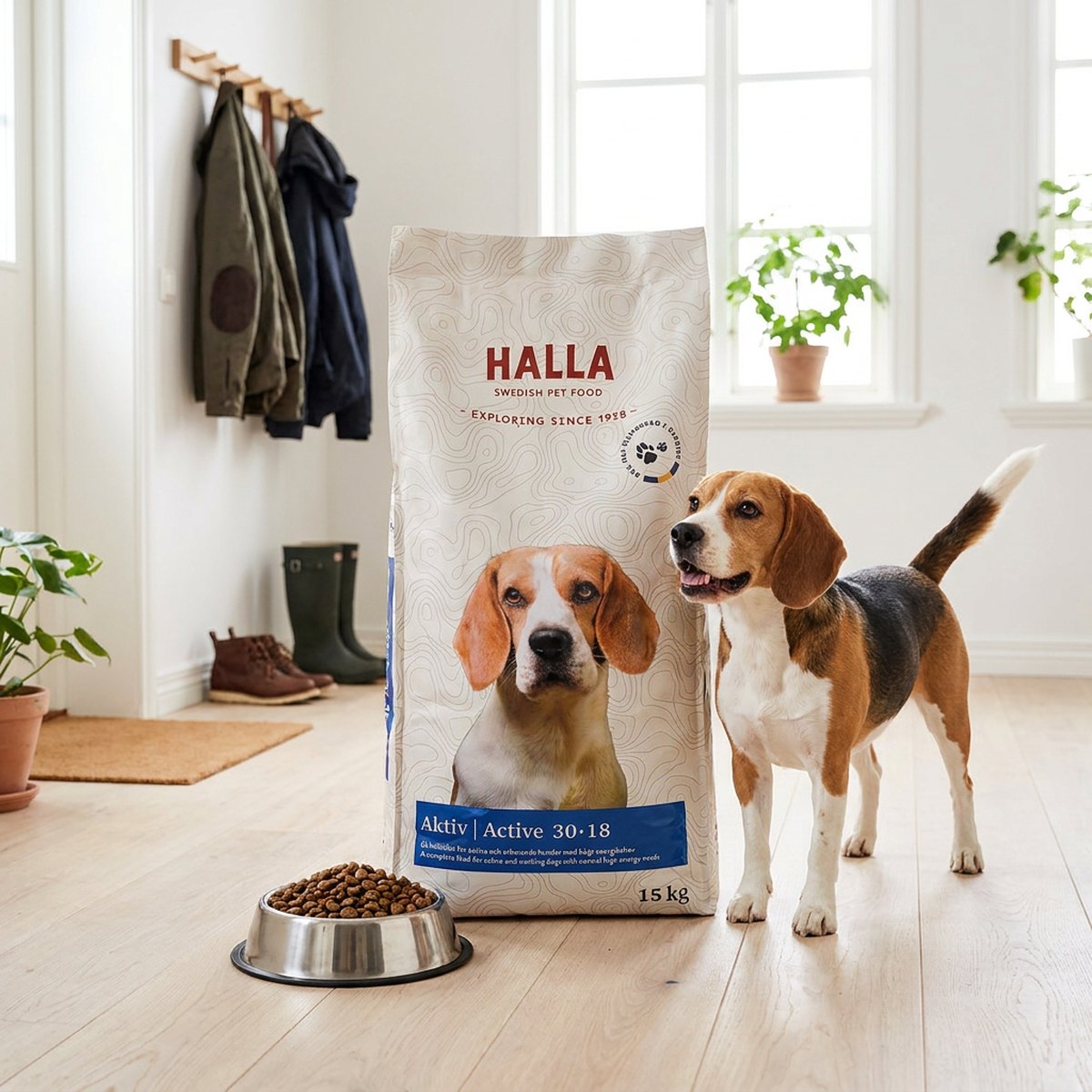 Stor 15 kg-säck med Halla Aktiv hundmat på ett ljust hallgolv, bredvid en beagle som står ivrigt vid en matskål med torrfoder.