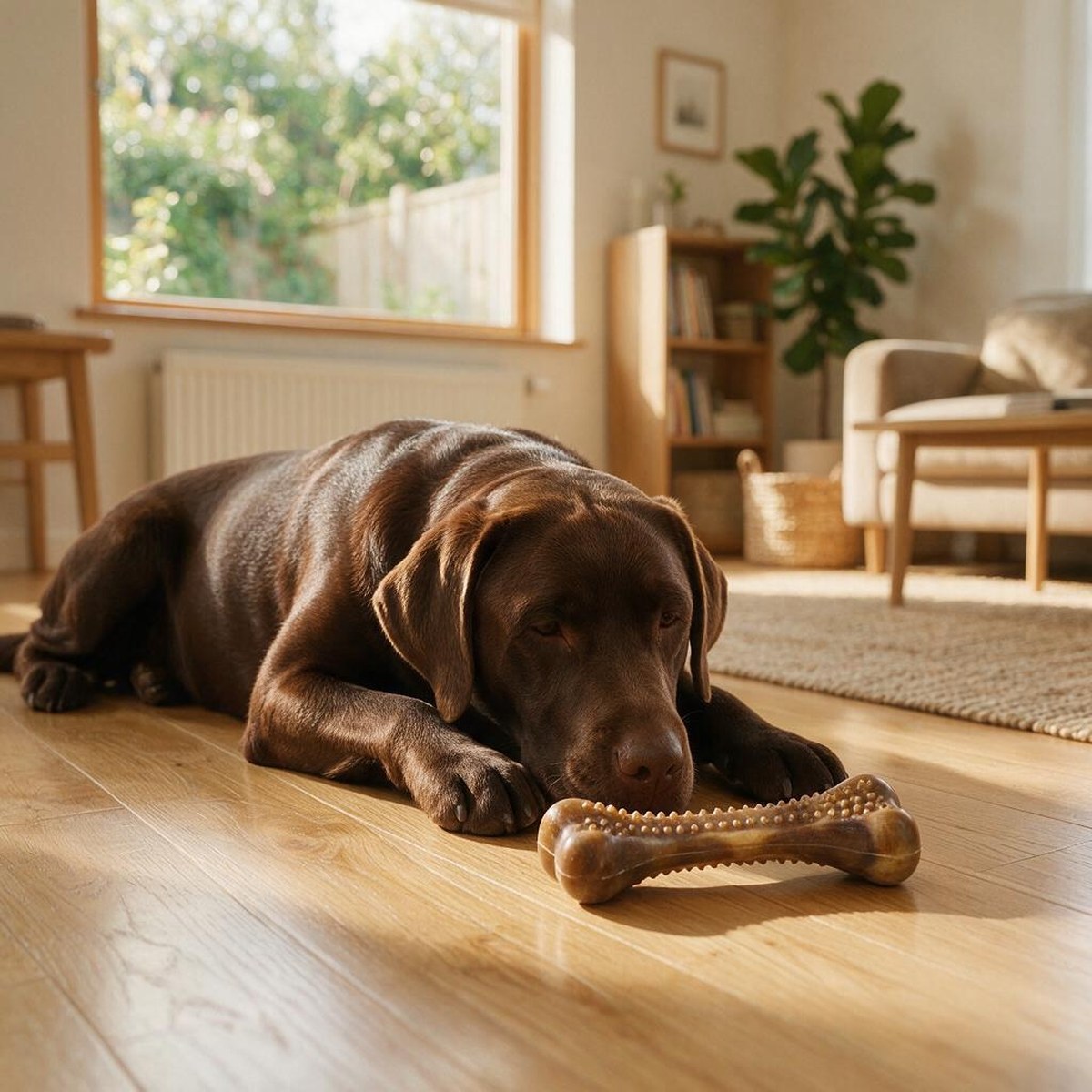 Benebone Dentaltuggben med räfflad yta på ekgolv bredvid en liggande chokladbrun labrador