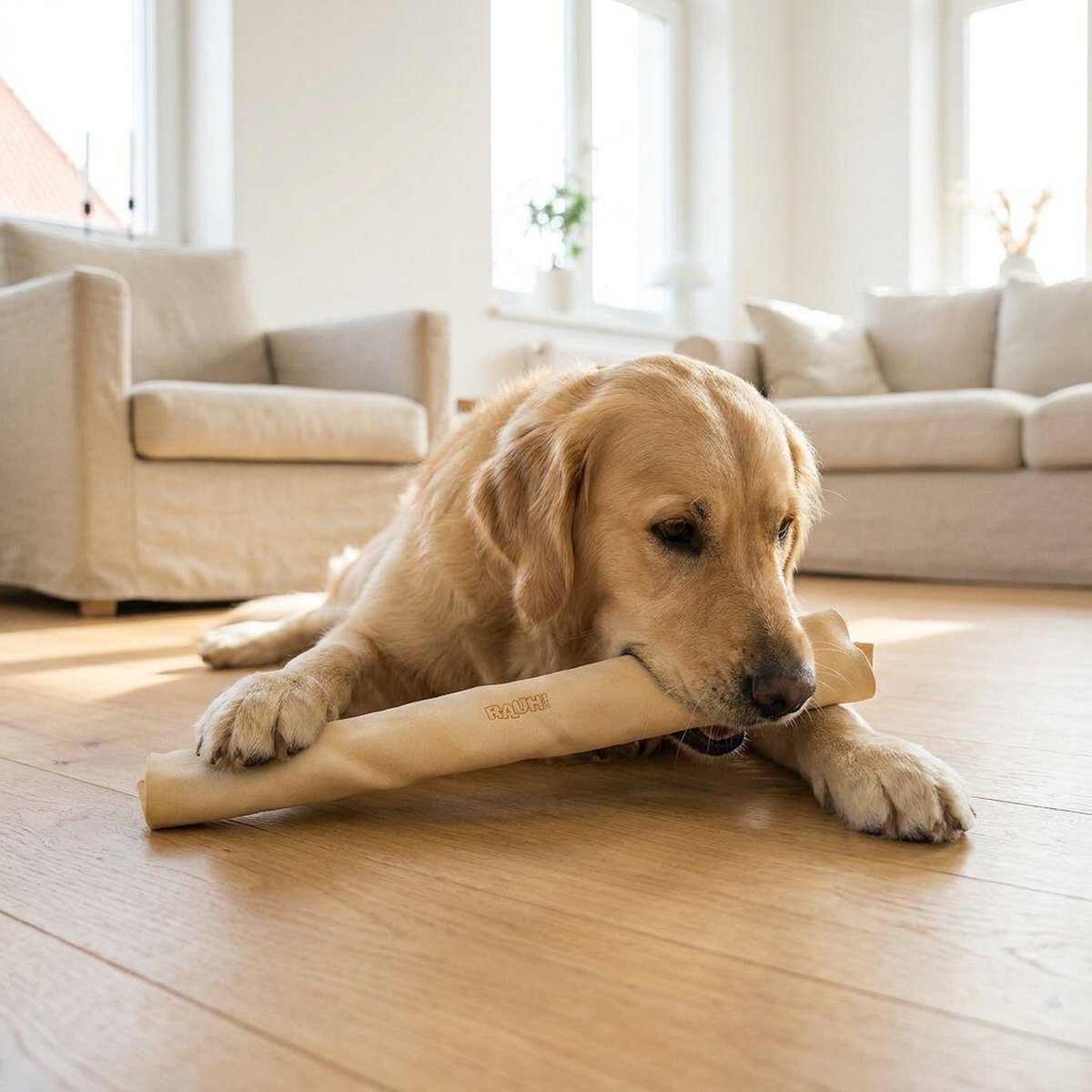 Hund som tuggar på ett långt ljusgult cylindriskt RAUH!-nötskinn på ett ljust trägolv i ett nordiskt vardagsrum