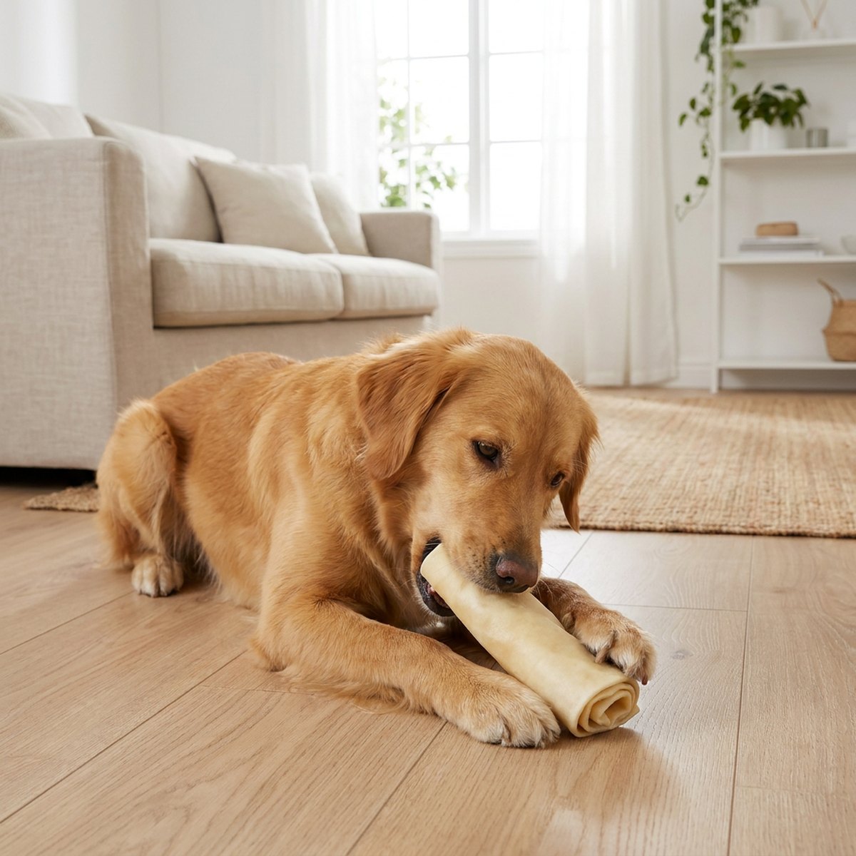 Golden retriever som tuggar på ett ljusgult cylindriskt pressat nötskinn-hundben på ett trägolv i ett ljust vardagsrum