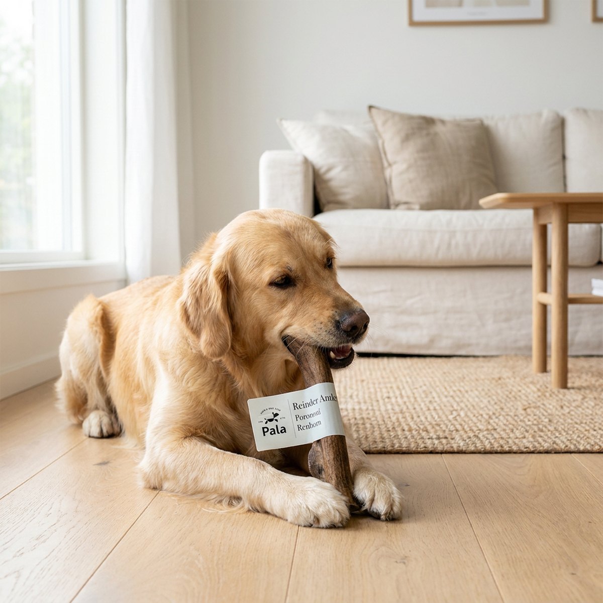 Golden retriever som gnager på ett mörkt naturligt renhorn med vit Pala-etikett i ett skandinaviskt vardagsrum