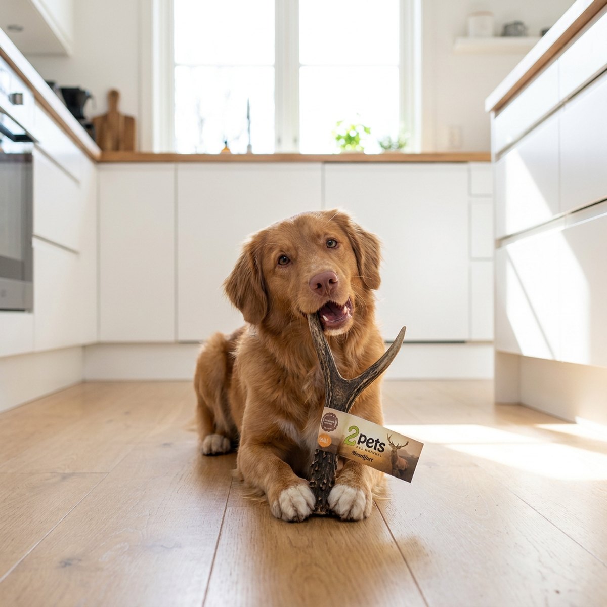 Brun hund som håller ett naturligt gaffelbent hjorthorn med 2pets-etikett mellan framtassarna i ett nordiskt kök