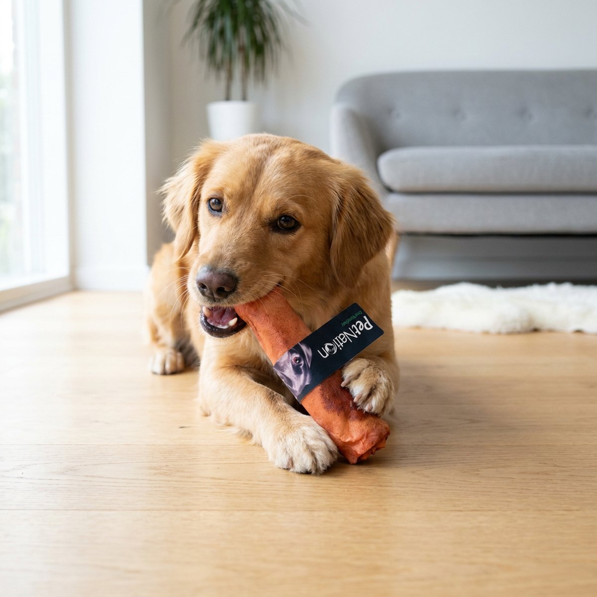 Golden retriever som tuggar på ett rödbrunt handrullat PetNation-hundben med mörk etikett på ett trägolv i ett skandinaviskt rum