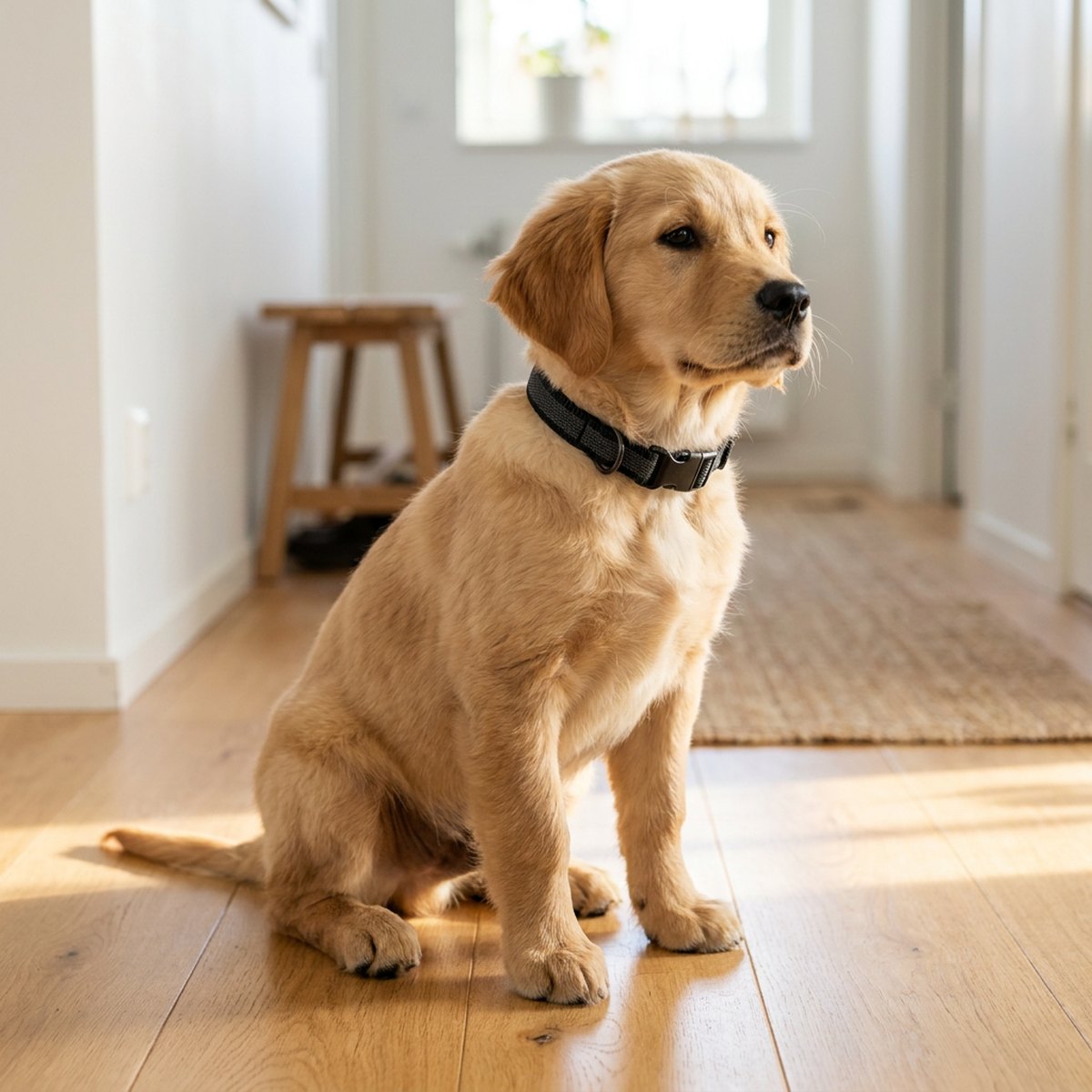 Valp bär ALAC Antiglid halsband i svart nylon sittande i ljus skandinavisk hall