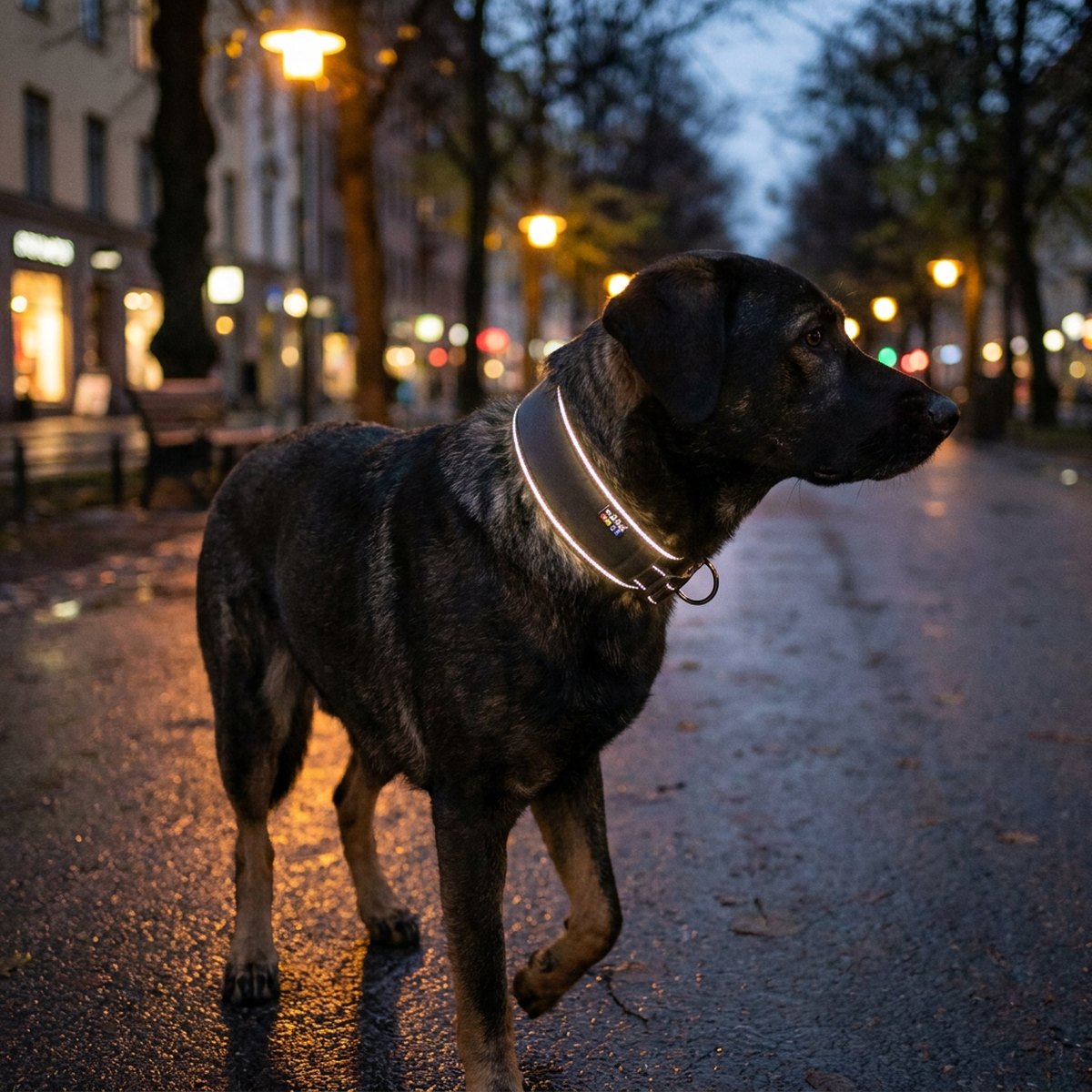 Stor hund bär Rukka Luminous Soft Extra Brett svart halsband med silverreflexkant på kvällspromenad i stadspark