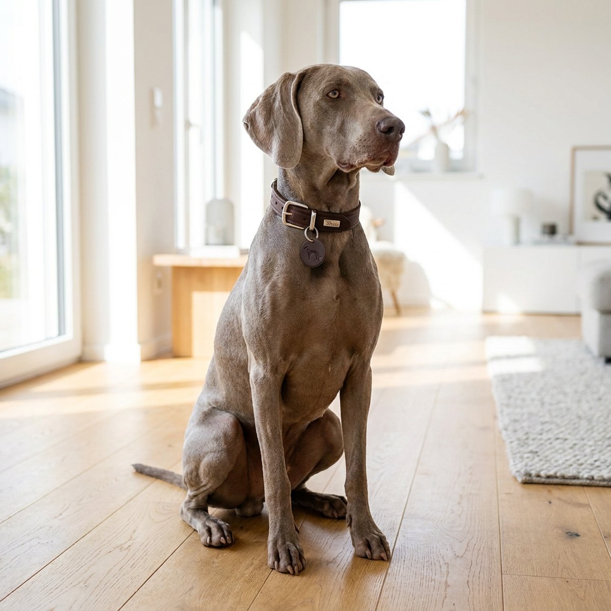 Hund bär Hunter Aalborg halsband i mörkt brunt läder med rund läderbricka i skandinaviskt vardagsrum