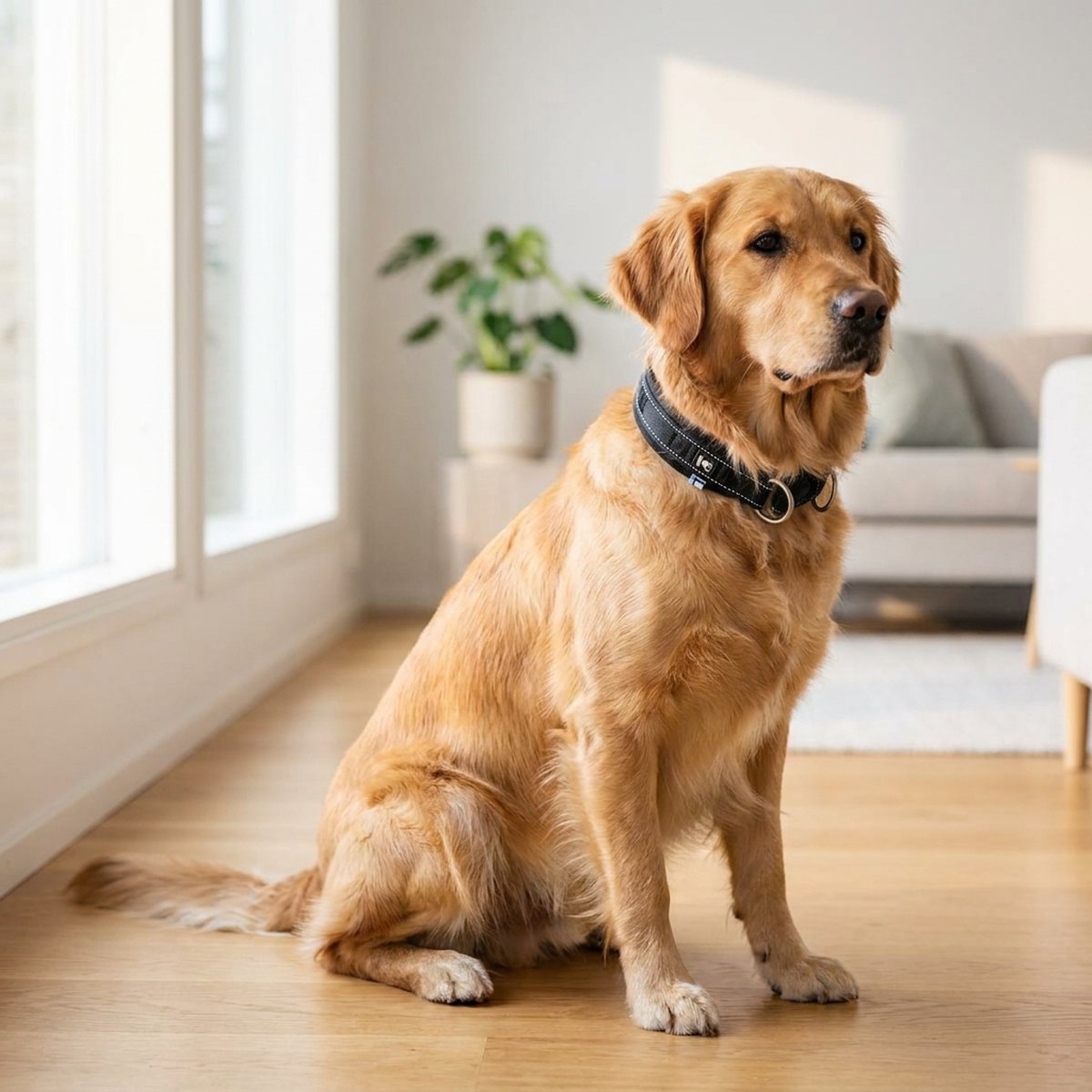 Hund bär Hurtta ECO Casual Halvstryp halsband i svart nylon sittande på trägolv i ljust skandinaviskt hem