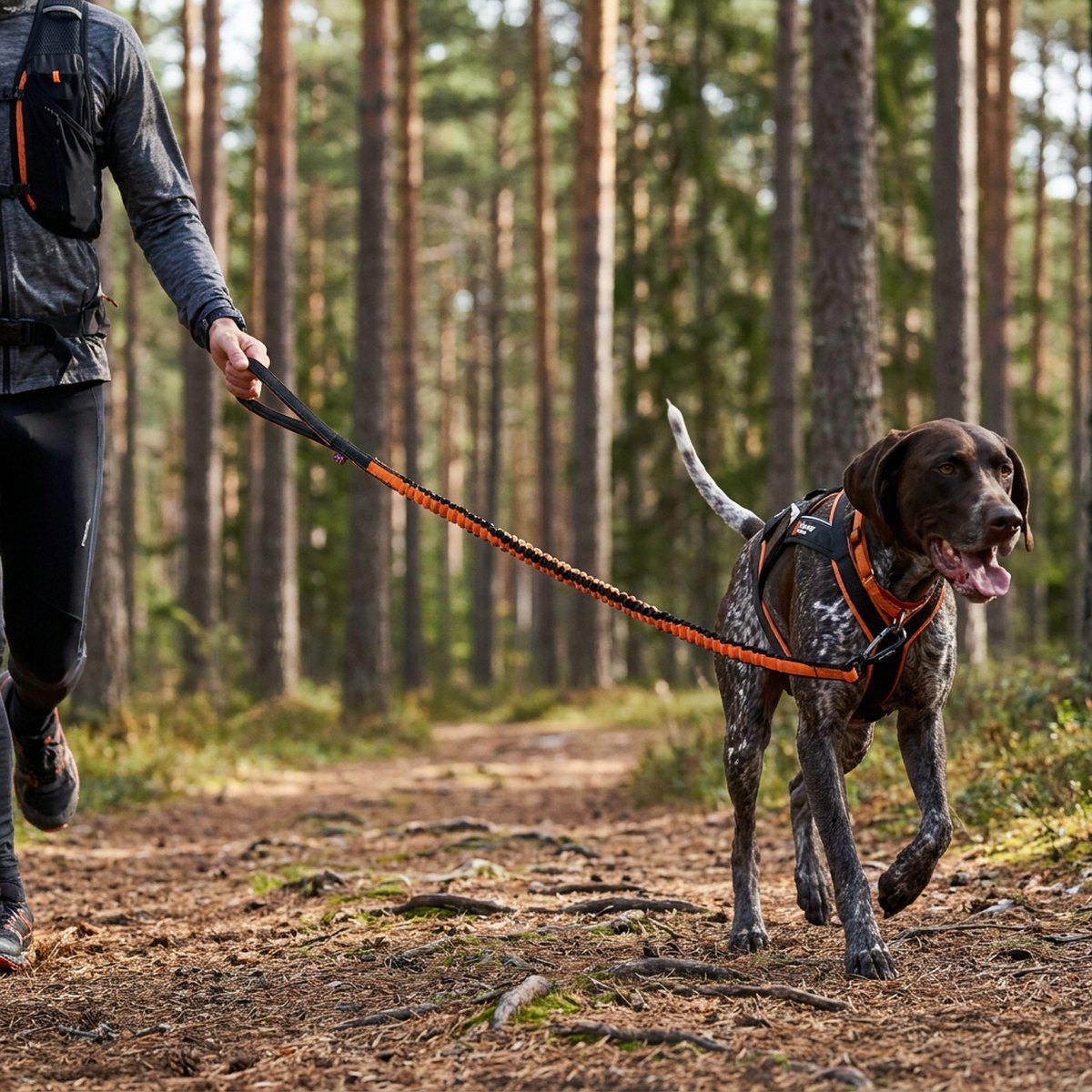Löpare med aktiv hund i skandinavisk tallskog med svart och orange bungee-koppel