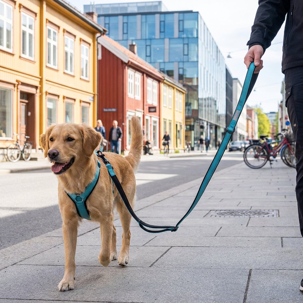 Hund som går på ett turkost justerbart koppel i en nordisk stadsmiljö