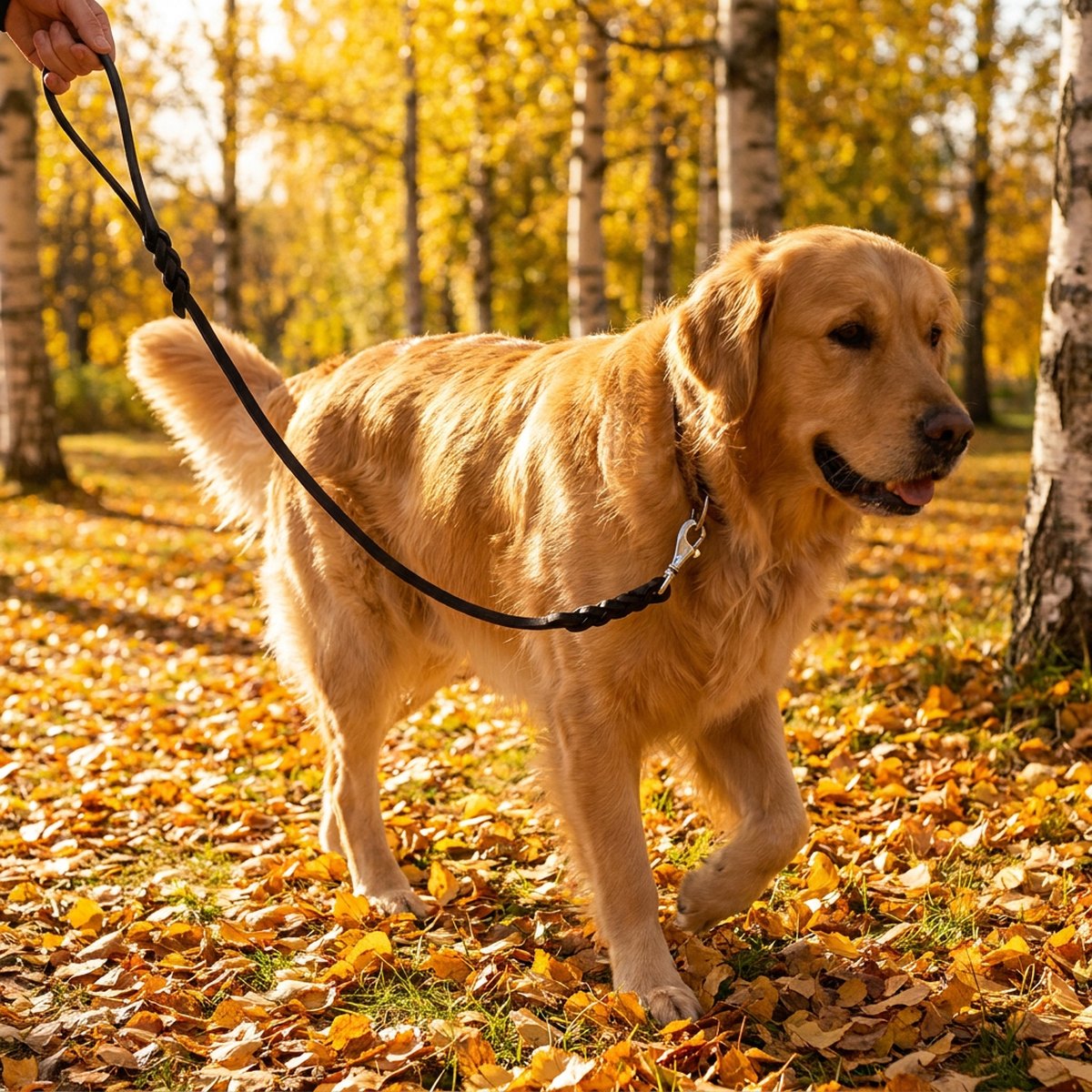 Person som promenerar med hund på ett klassiskt svart läderkoppel i björkpark med höstlöv
