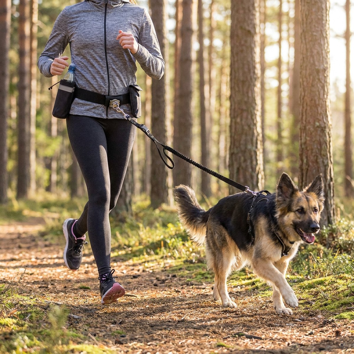 Person som joggar med hund i skandinavisk skog med hands-free midjebälte och bungee-lina