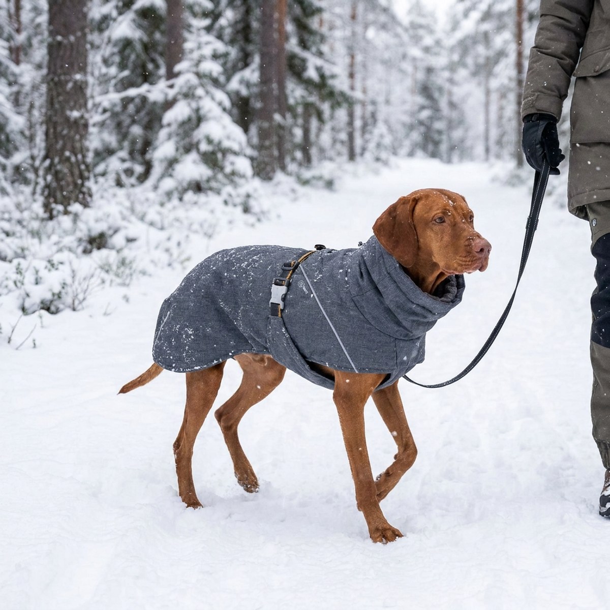 Vizsla i grå Hurtta Expedition Parka II med hög krage på en snöig skogsväg, kopplad till ägaren